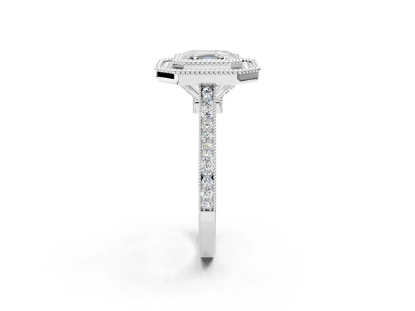 White gold Asscher Diamond Halo Ring with Milgrain Frame and Pavé Band