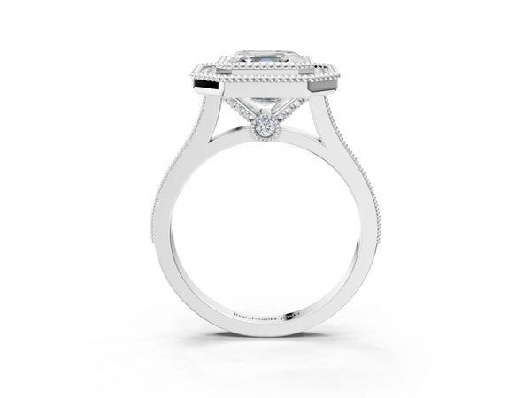 White gold Asscher Diamond Halo Ring with Milgrain Frame and Pavé Band