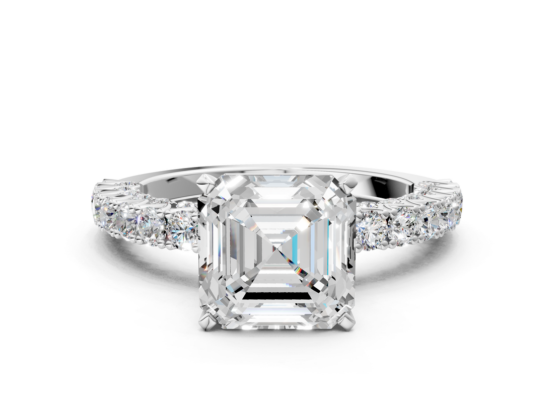 White gold Asscher Diamond Pavé Band Solitaire Ring with Four-Prong Setting_12