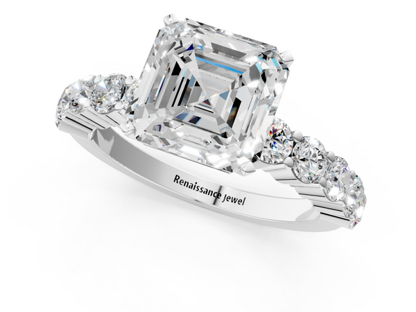 White gold Asscher Diamond Solitaire Ring with Shared Prong Round Side Stones
