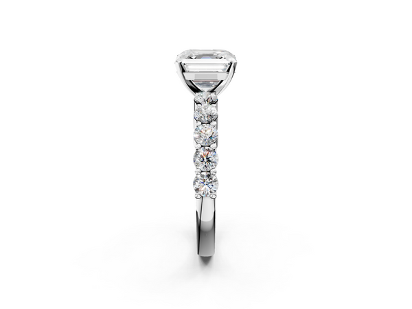 White gold Asscher Diamond Solitaire Ring with Shared Prong Round Side Stones