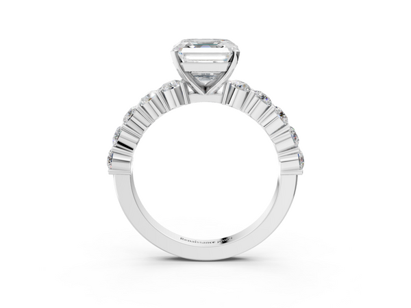 White gold Asscher Diamond Solitaire Ring with Shared Prong Round Side Stones