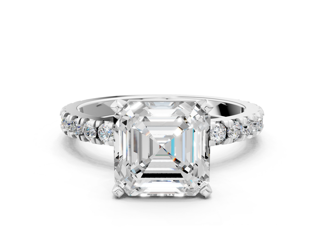 White gold Asscher Diamond Pavé Band Solitaire with Four-Prong Setting_6