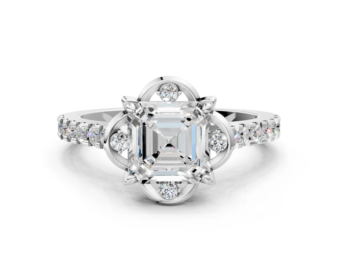 White gold Asscher Diamond Pave Band with Floral Prong Setting_28