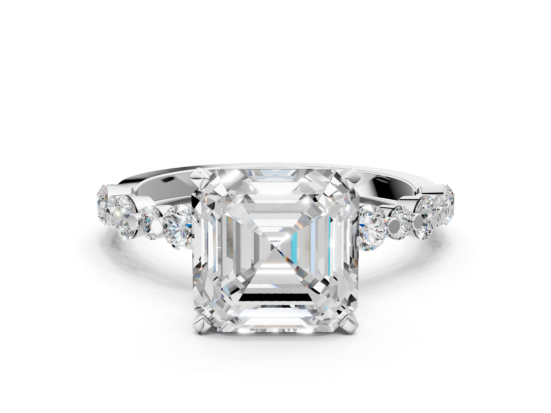 White gold Asscher Diamond Prong Set Engagement Ring with Pave Band_29