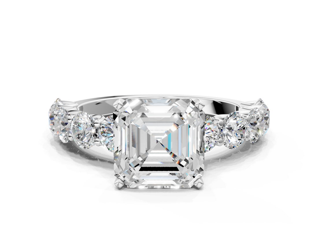 White gold Asscher Diamond Prong Setting with Side Stones on a Pave Band_11