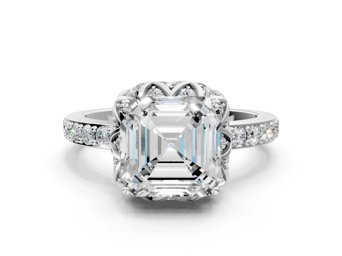 White gold Asscher Diamond Solitaire Ring with Shared Prong Pavé Band_18