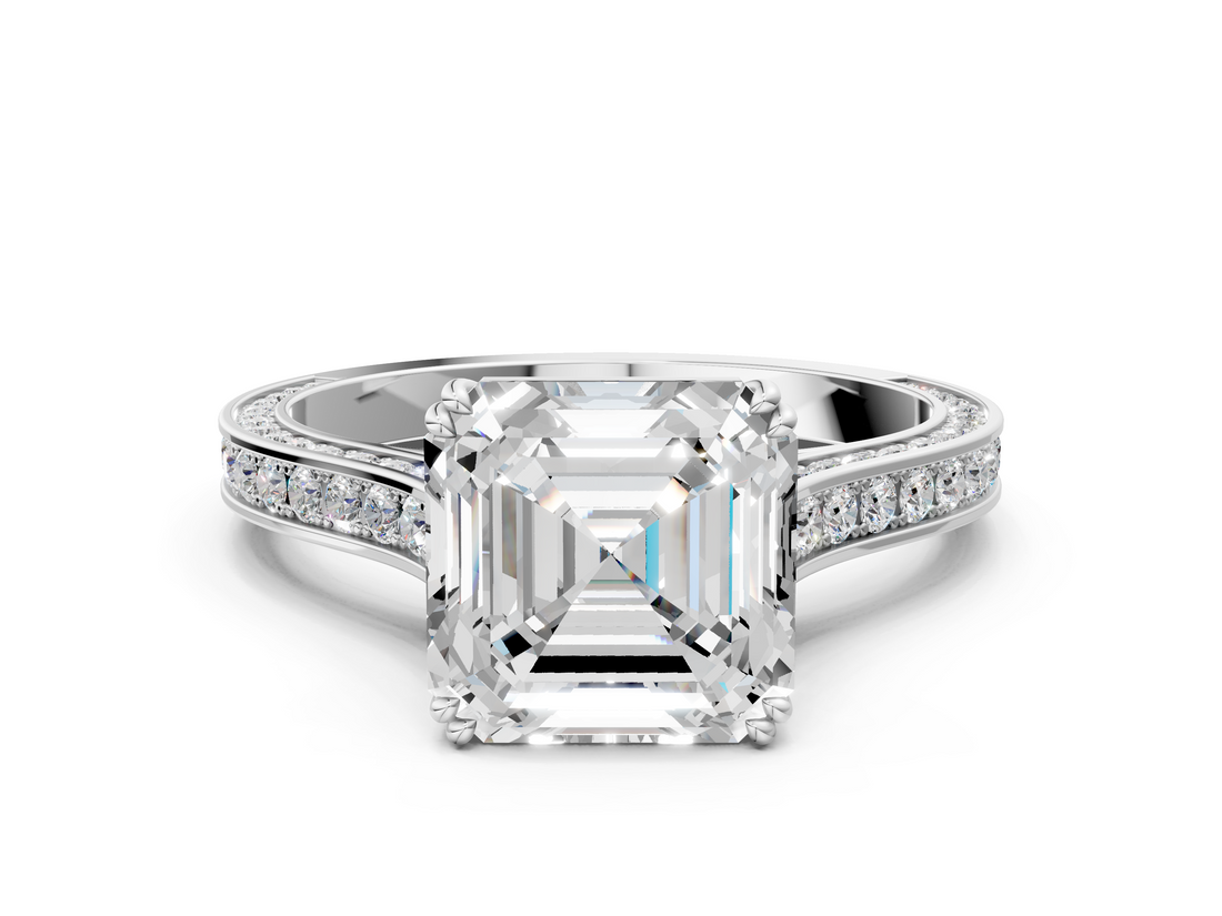 White gold Asscher Diamond Solitaire with Pave Band and Six-Prong Setting_37