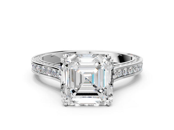 White gold Asscher Diamond Solitaire with Pave Band and Six-Prong Setting