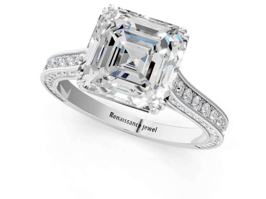 White gold Asscher Diamond Solitaire with Pave Band and Six-Prong Setting