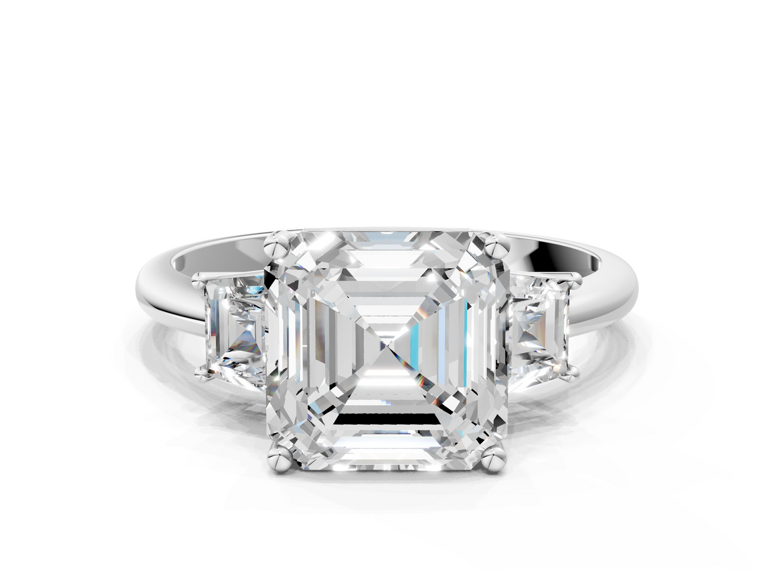 White gold Asscher Diamond Three-Stone Ring with Trapezoid Side Stones and Prong Setting_88