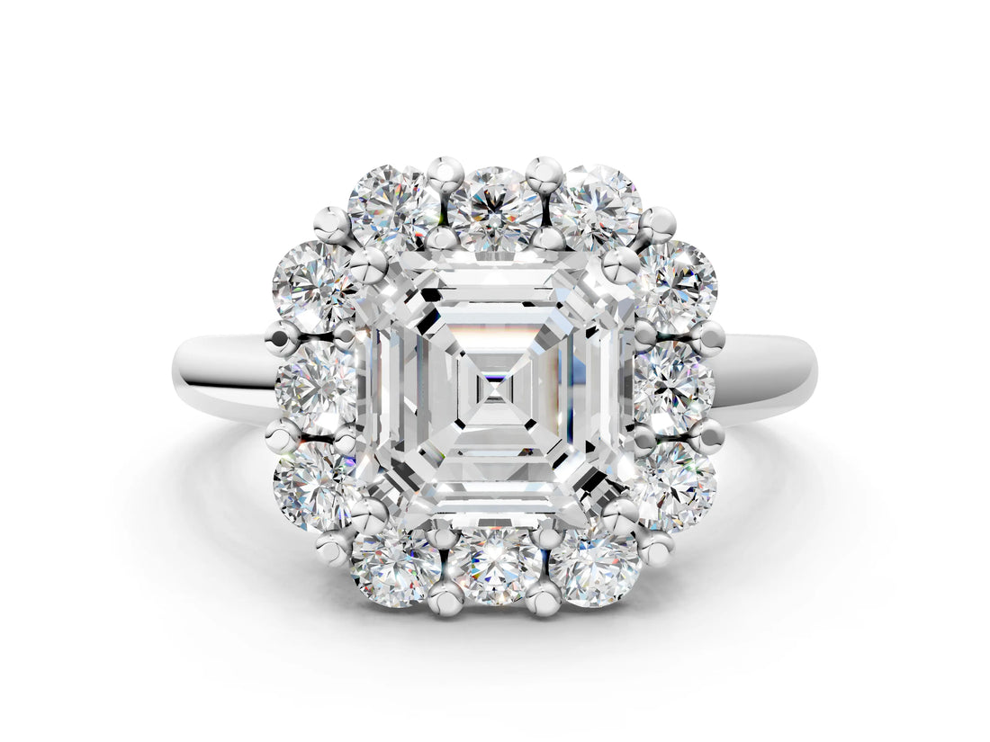 White gold Asscher Halo Cluster Diamond Engagement Ring with Prong Setting and Polished Band_19