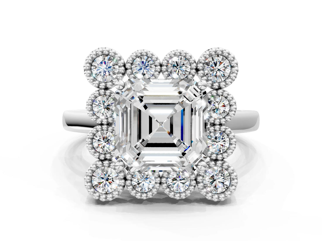 White gold Asscher Halo Diamond Cluster Engagement Ring with Milgrain Bezel Setting and Solitaire Band_51
