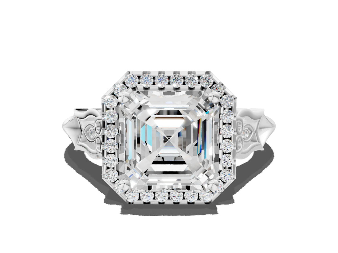 White gold Asscher Halo Diamond Engagement Ring with Filigree Band and Four-Prong Setting_69
