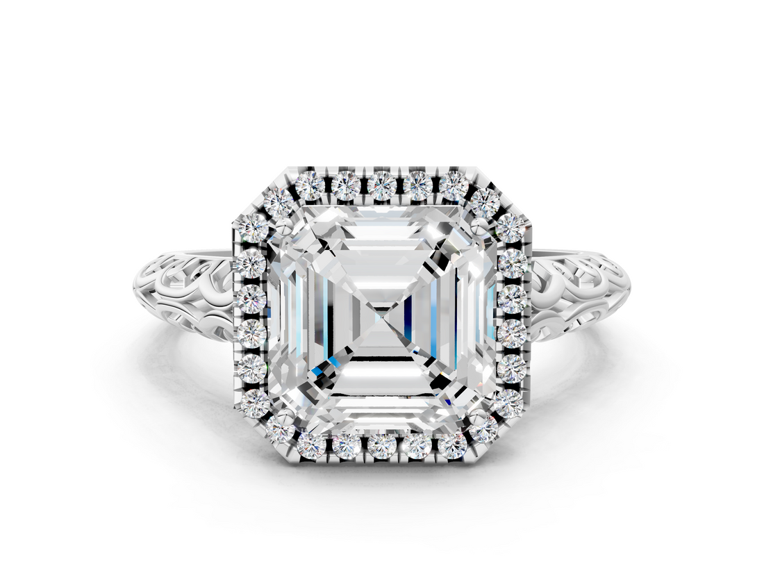 White gold Asscher Halo Diamond Engagement Ring with Intricate Filigree Band and Four-Prong Setting_23