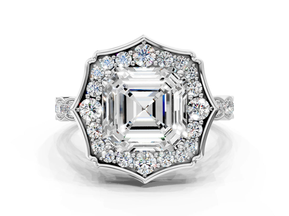 White gold Asscher Halo Diamond Engagement Ring with Milgrain Band and Four-Prong Setting_36