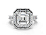White gold Asscher Halo Diamond Engagement Ring with Milgrain Pave Band and Four-Prong Setting_111