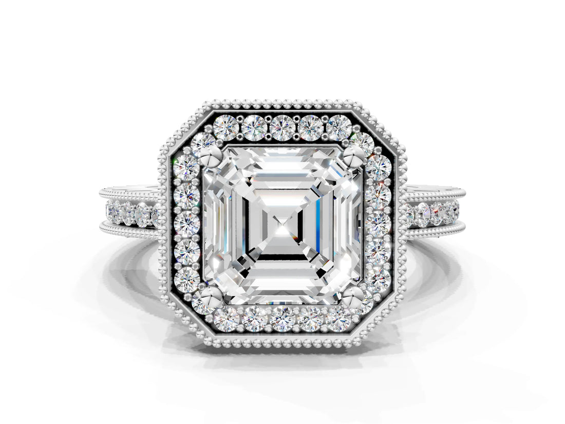 White gold Asscher Halo Diamond Engagement Ring with Milgrain Pave Band and Four-Prong Setting_111