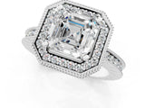 White gold Asscher Halo Diamond Engagement Ring with Milgrain Pave Band and Four-Prong Setting_112