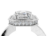 White gold Asscher Halo Diamond Engagement Ring with Milgrain Pave Band and Four-Prong Setting_115