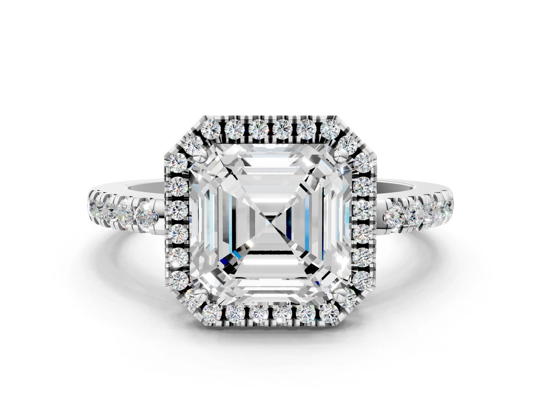 White gold Asscher Halo Diamond Engagement Ring with Pavé Band and Four-Prong Setting_33
