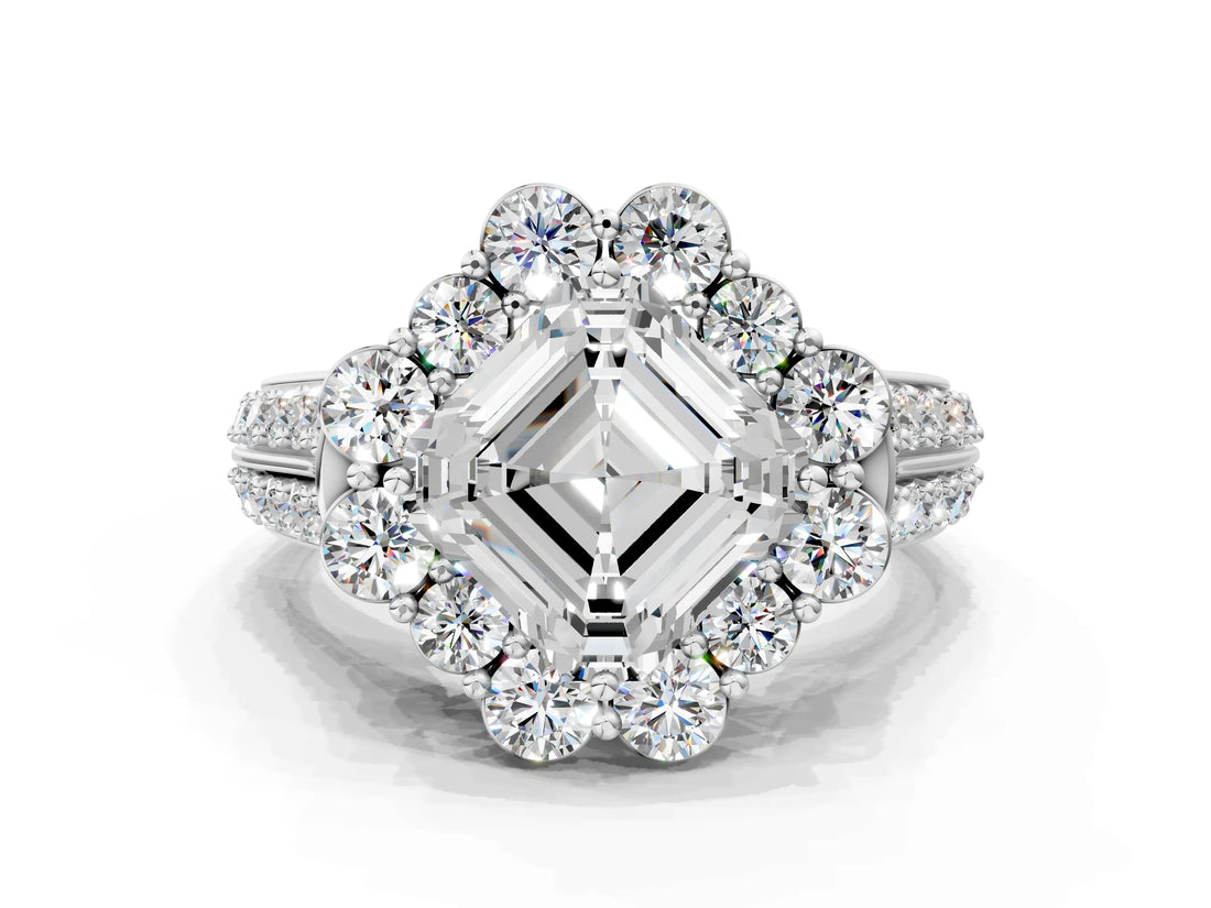 White gold Asscher Halo Diamond Engagement Ring with Split Shank and Prong Setting_61