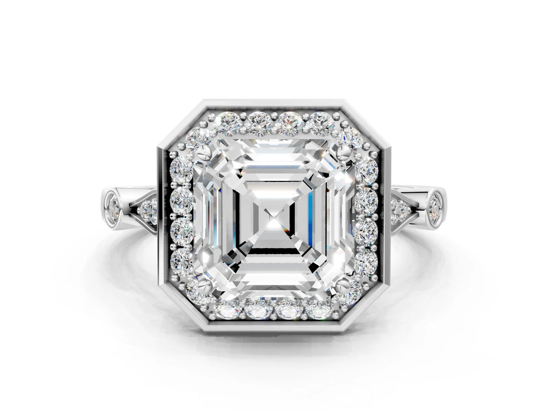 White gold Asscher Halo Diamond Engagement Ring with Twisted Band and Four-Prong Setting 1