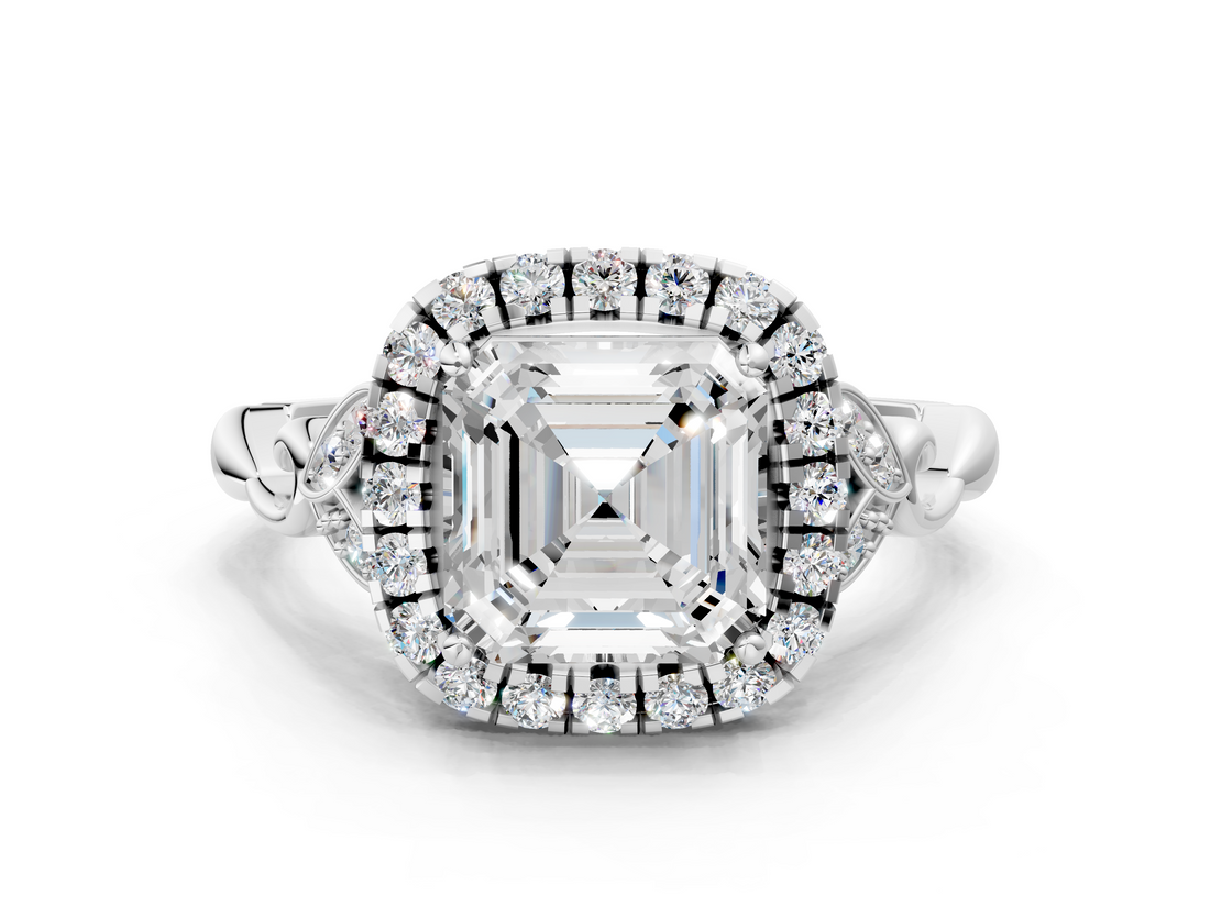 White gold Asscher Halo Diamond Engagement Ring with Vintage-Inspired Band and Four-Prong Setting_3