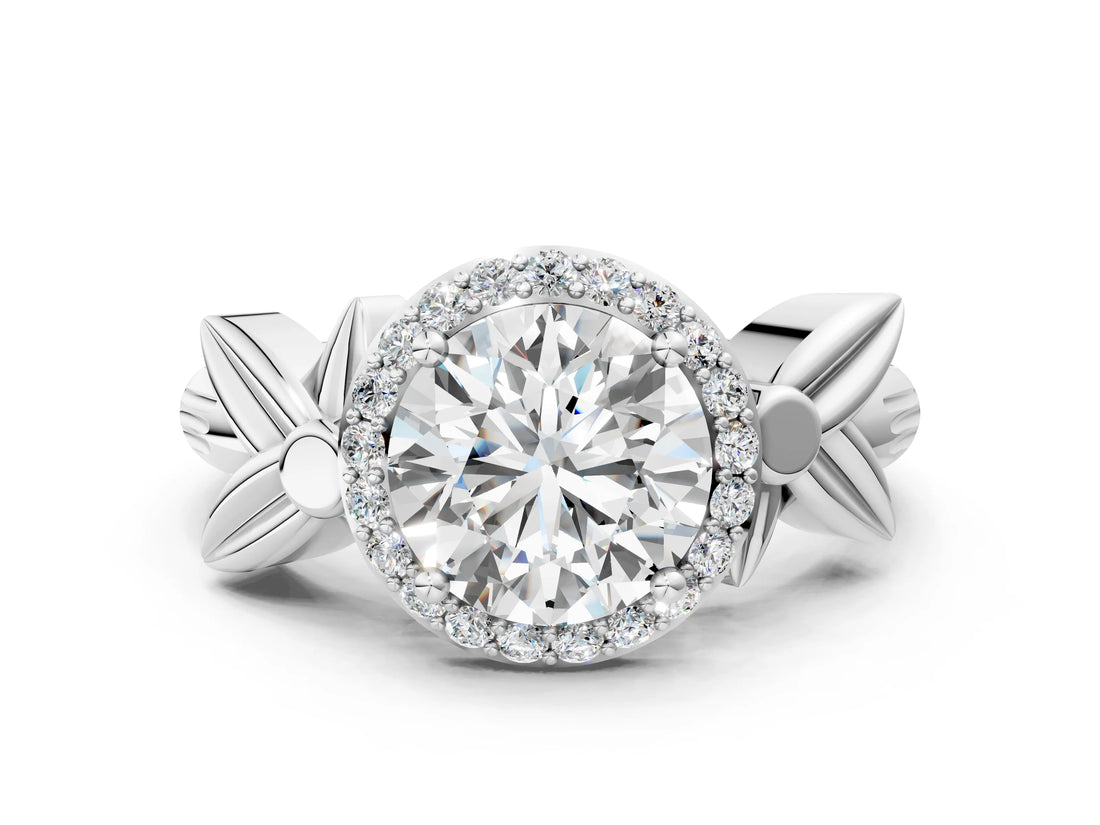 White gold Asscher Halo Diamond Floral Band with Four-Prong Setting_40