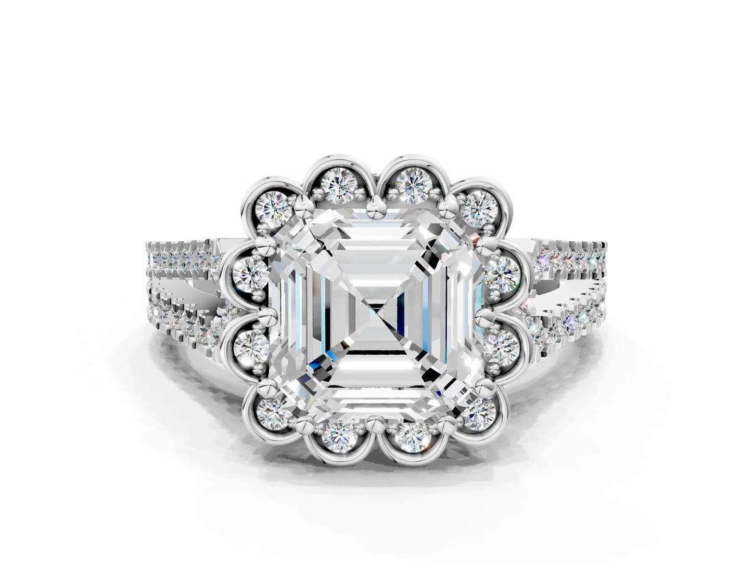 White gold Asscher Halo Diamond Floral Split Shank Engagement Ring 1