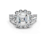 White gold Asscher Halo Diamond Floral Split Shank Engagement Ring 1