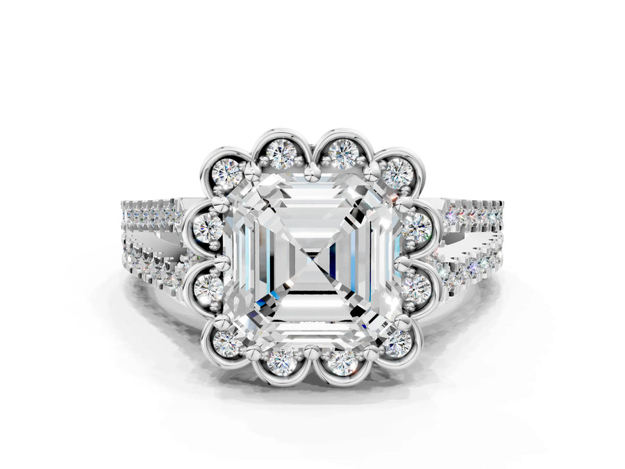White gold Asscher Halo Diamond Floral Split Shank Engagement Ring