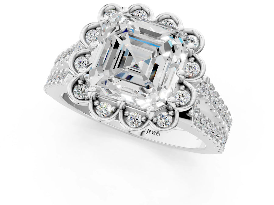 White gold Asscher Halo Diamond Floral Split Shank Engagement Ring