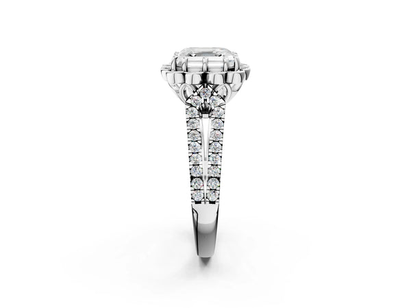 White gold Asscher Halo Diamond Floral Split Shank Engagement Ring
