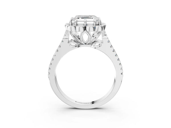 White gold Asscher Halo Diamond Floral Split Shank Engagement Ring
