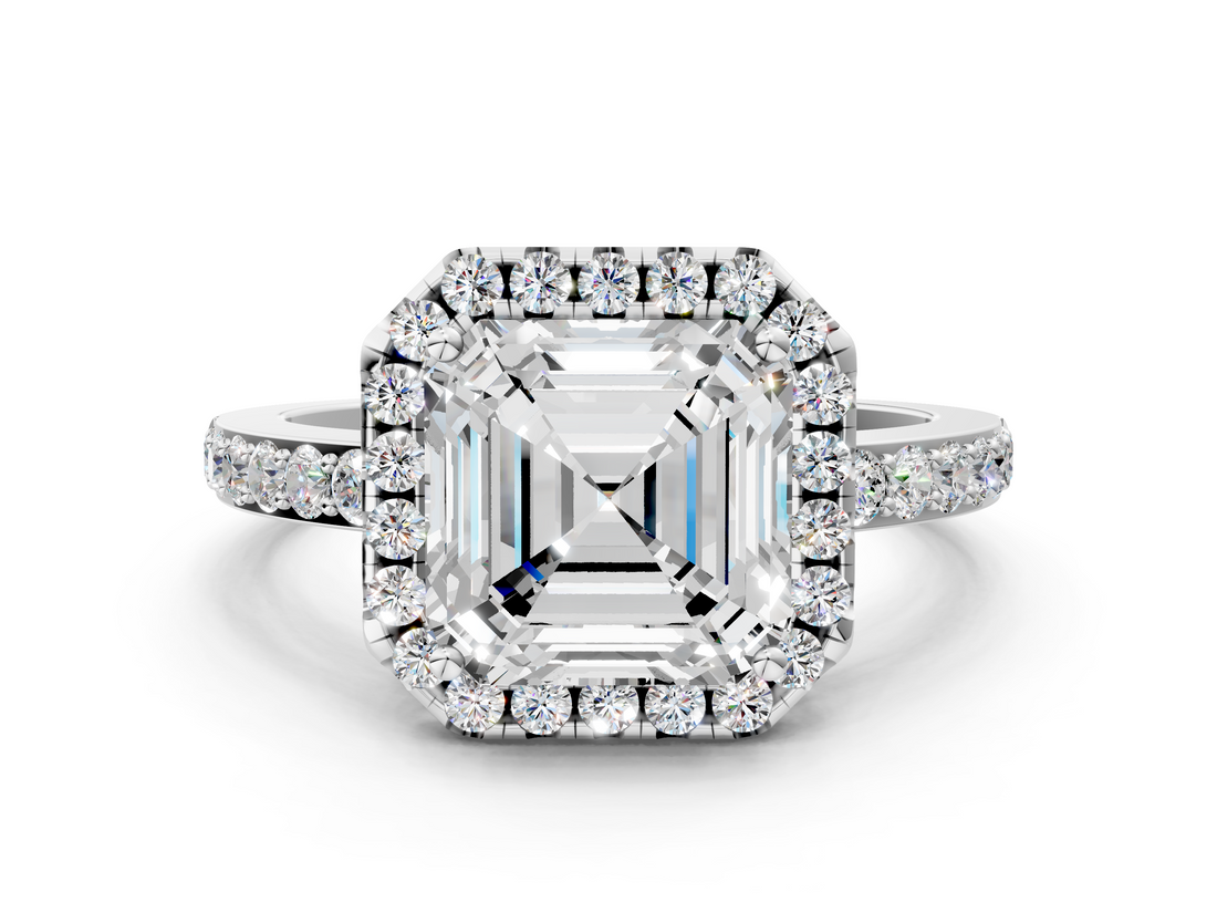 White gold Asscher Halo Diamond Pavé Band Ring with Prong Setting_23