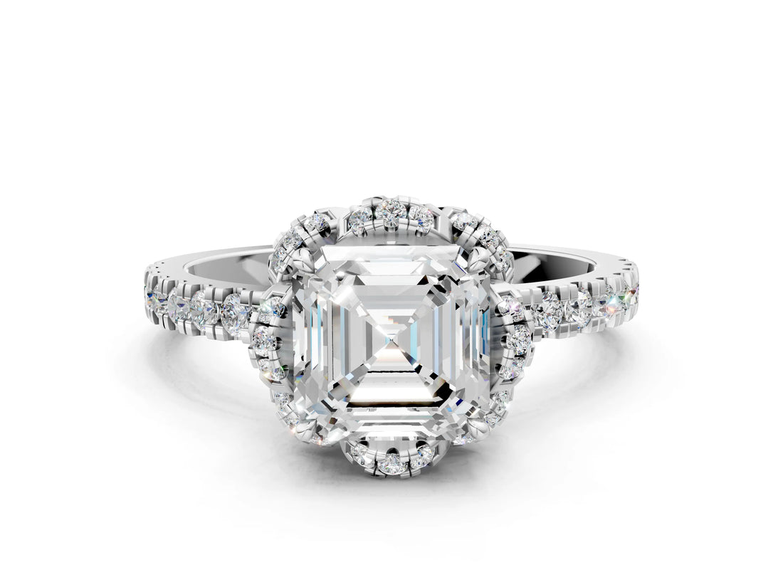 White gold Asscher Halo Diamond Pave Band Ring with Four-Prong Setting_15