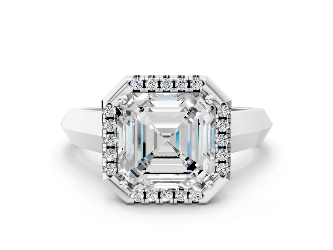 White gold Asscher Halo Diamond Ring with Cathedral Band and Four-Prong Setting_46