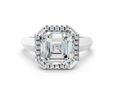 White gold Asscher Halo Diamond Ring with Cathedral Band and Four-Prong Setting_46