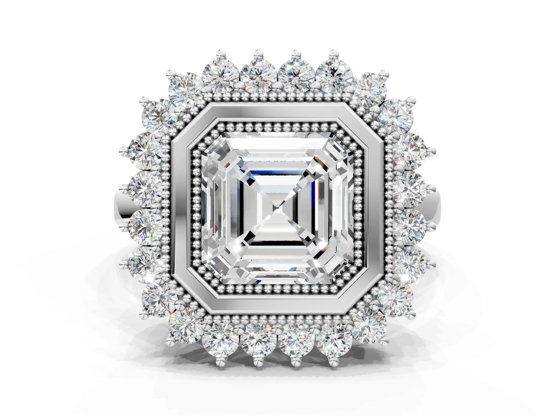 White gold Asscher Halo Diamond Ring with Milgrain Edge and Round Prong Setting_77