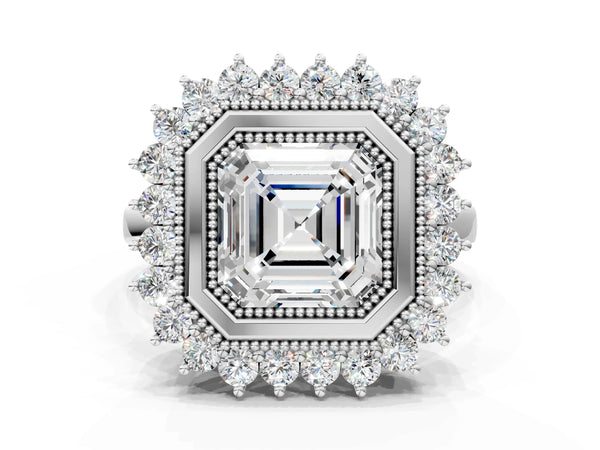 White gold Asscher Halo Diamond Ring with Milgrain Edge and Round Prong Setting