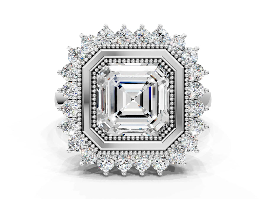 White gold Asscher Halo Diamond Ring with Milgrain Edge and Round Prong Setting