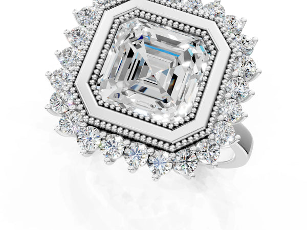 White gold Asscher Halo Diamond Ring with Milgrain Edge and Round Prong Setting