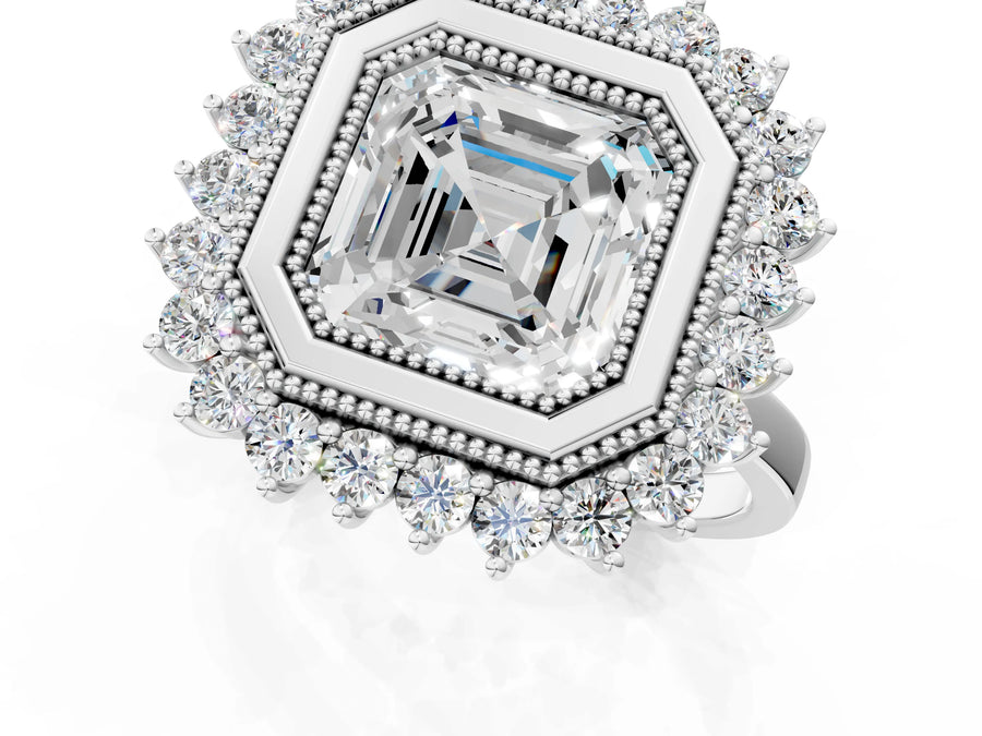 White gold Asscher Halo Diamond Ring with Milgrain Edge and Round Prong Setting