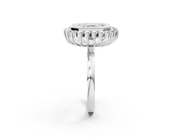 White gold Asscher Halo Diamond Ring with Milgrain Edge and Round Prong Setting