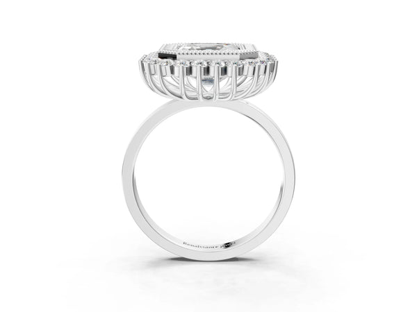 White gold Asscher Halo Diamond Ring with Milgrain Edge and Round Prong Setting