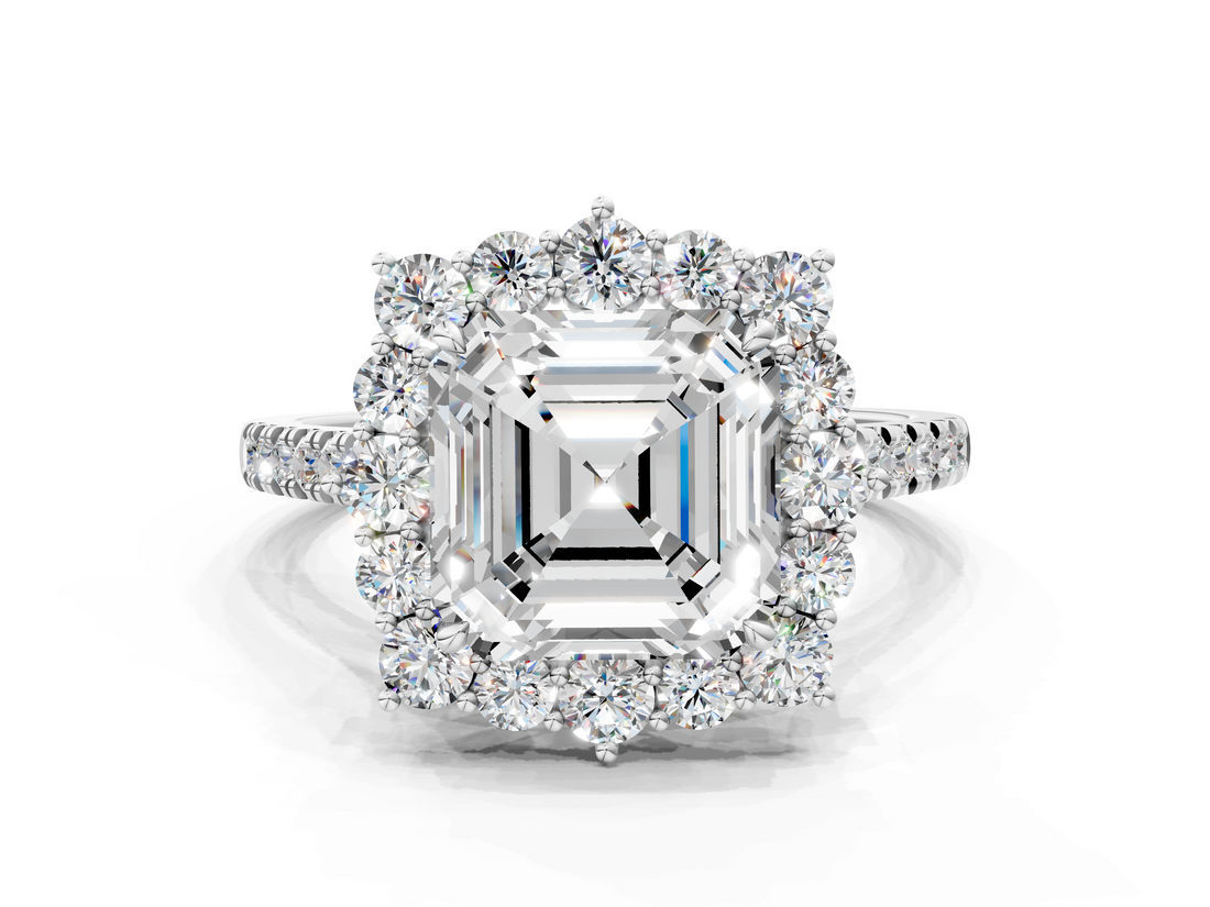 White gold Asscher Halo Diamond Ring with Pavé Band and Prong Setting_27