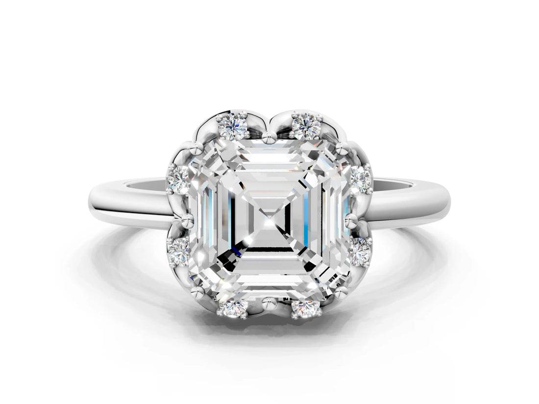 White gold Asscher Halo Diamond Ring with Round Cluster Setting, Solitaire Band, and Four-Prong Setting_35