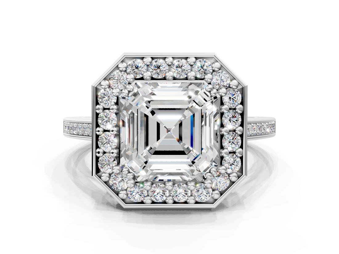 White gold Asscher Halo Diamond Ring with Split Shank and Four-Prong Setting_12
