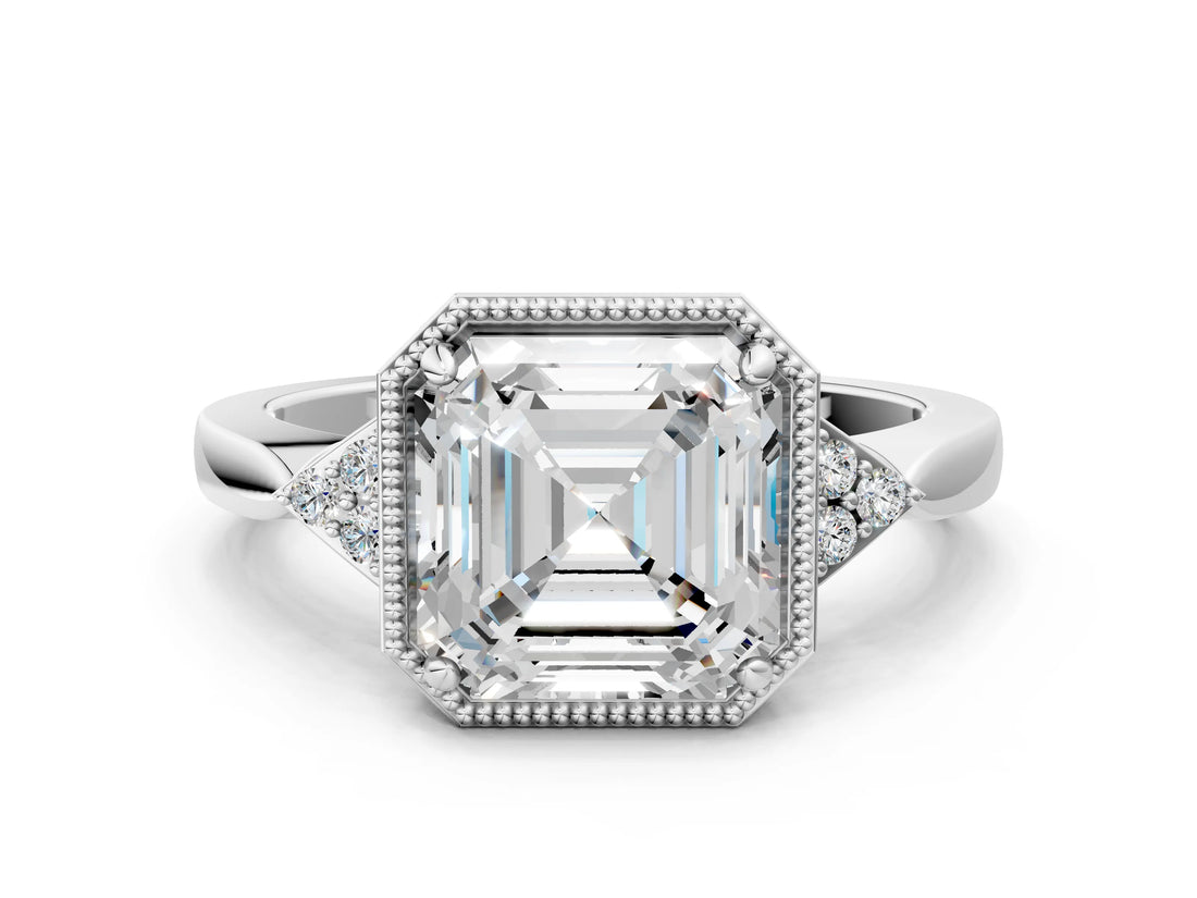 White gold Asscher Halo Diamond Ring with Tapered Band and Four-Prong Setting_15